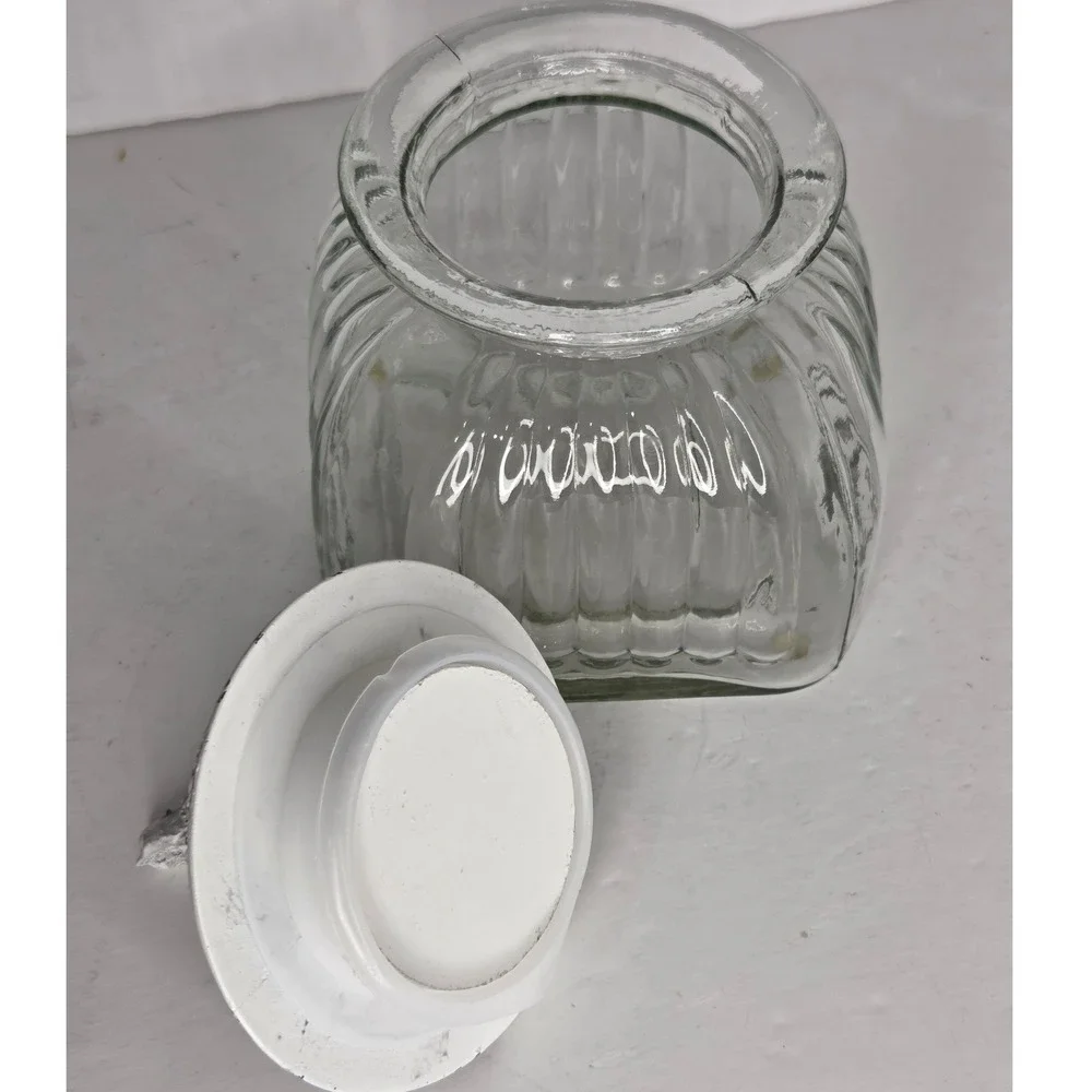 Ribbed Clear Glass Canister With White‎ Song Bird Chippy Paint Lid Cookie Jar
